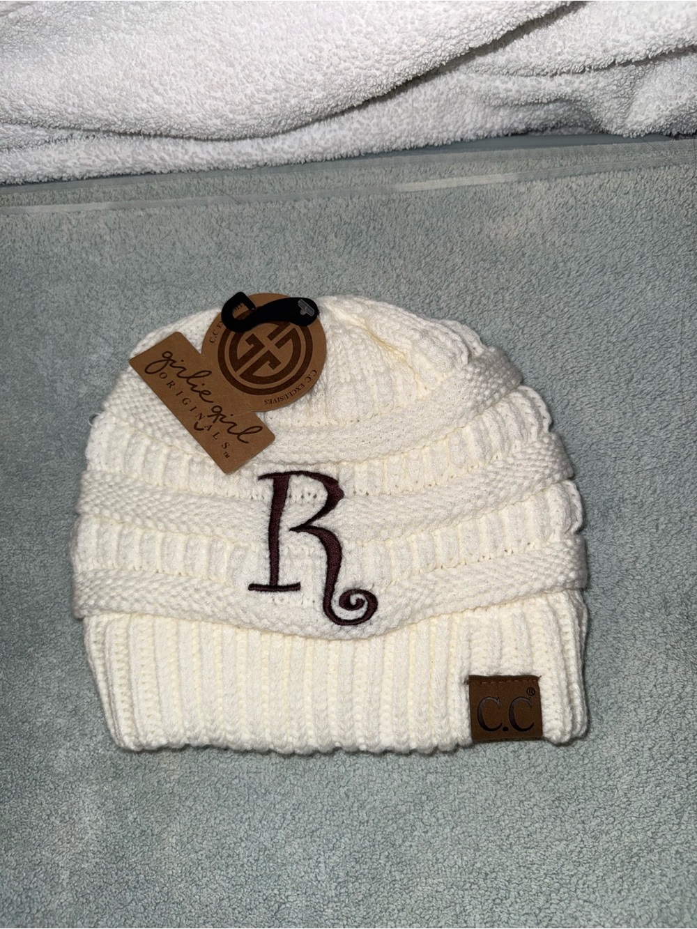 C.C Ivory Knit Beanie with Brown 'R' Monogram